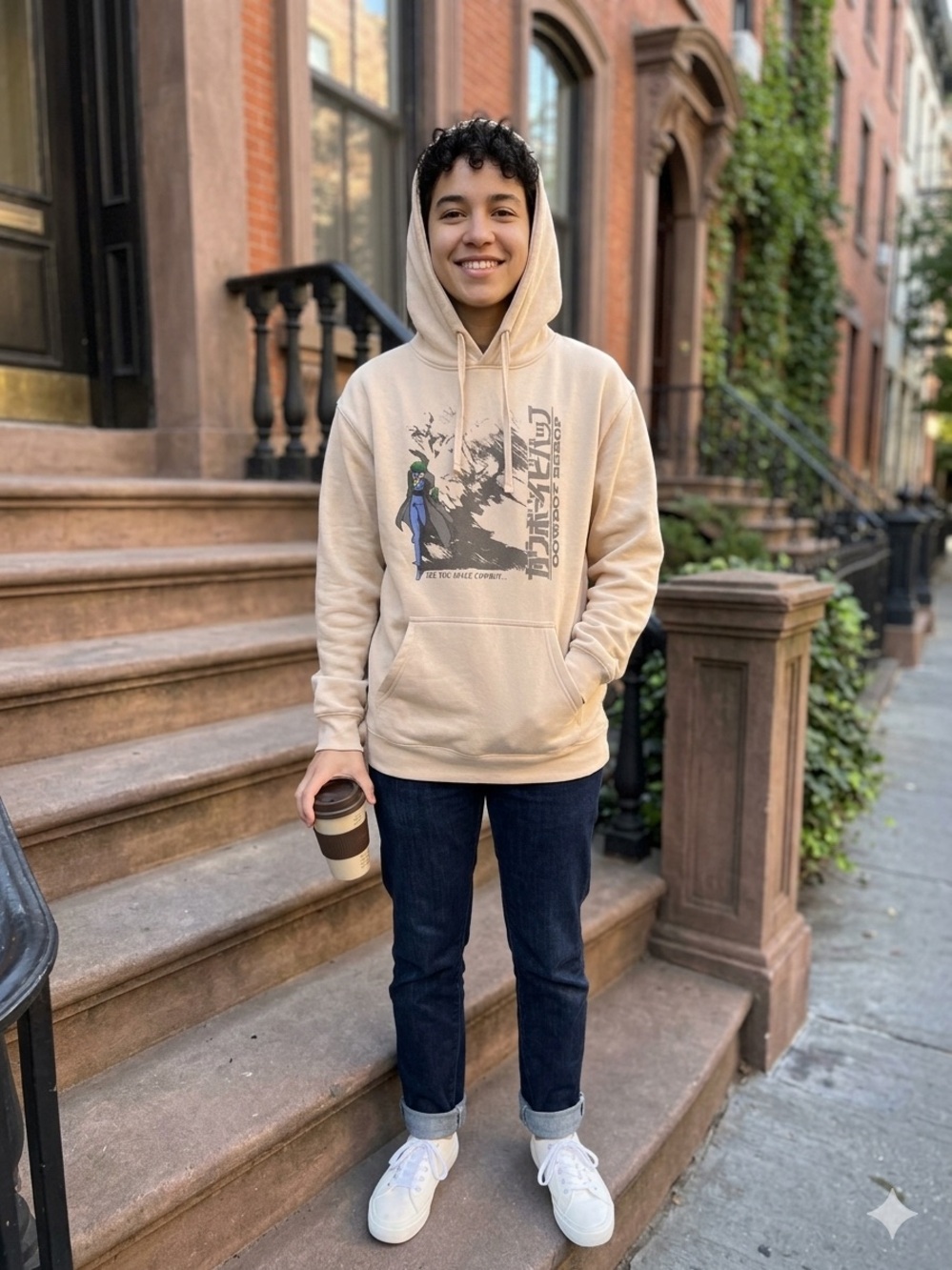 Beige Graphic Pullover Hoodie for Men